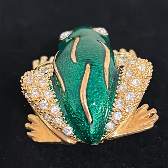 Roman Green Enamel Rhinestone Frog Brooch Pin, Signed - Picture 5 of 13